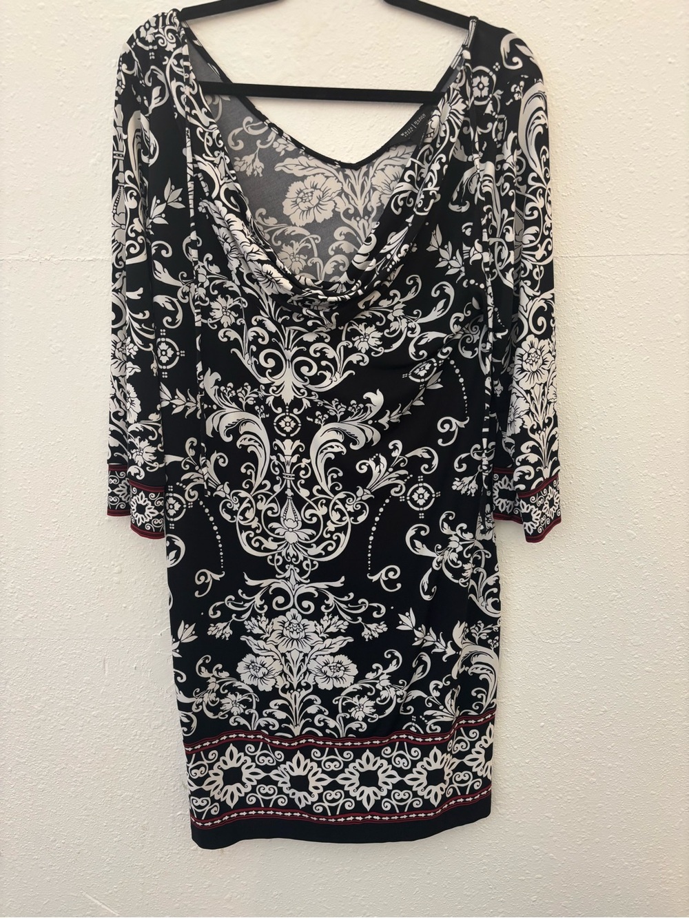 Black & White Baroque-Print Cowl Neck Long Sleeve Dress